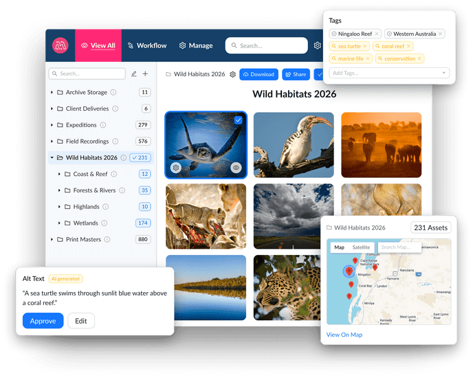 The Mediagraph app, showing a tagged collection of wildlife photography alongside AI-generated Alt Text and a map view.